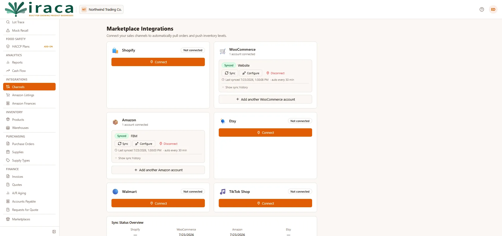 The Iraca marketplace integrations screen showing connected Amazon and WooCommerce accounts